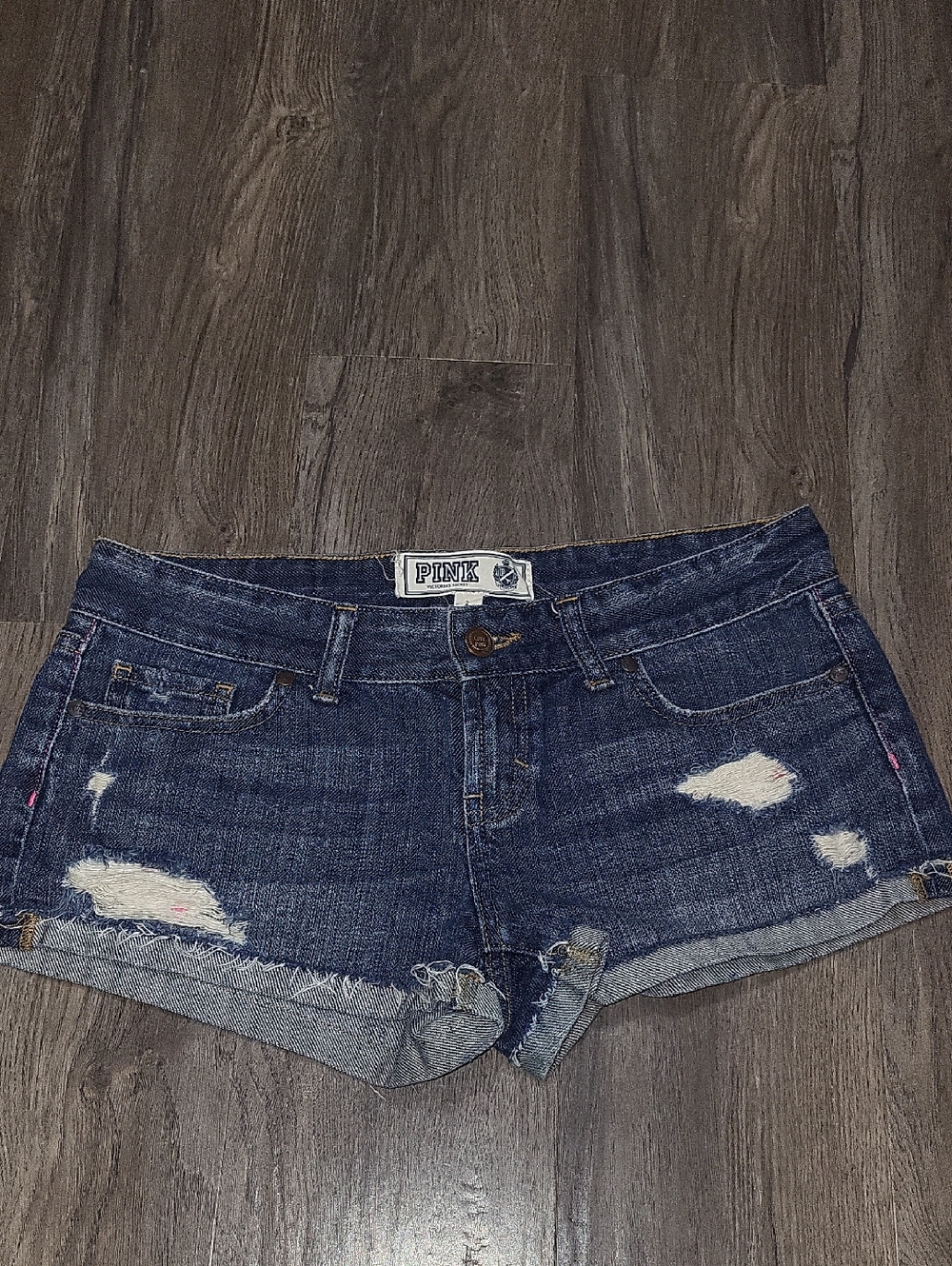 Vintage PINK Victoria's Secret Dark Blue Distressed Denim Shorts Sz 2